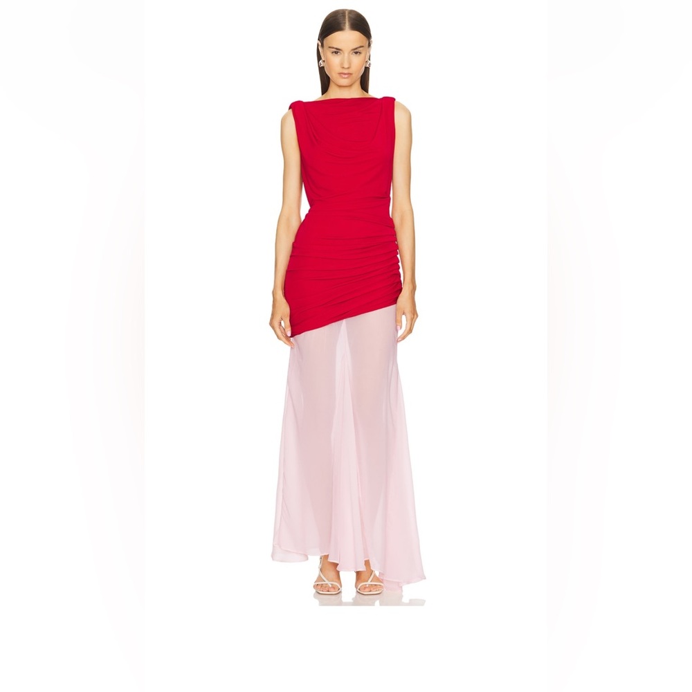 L’Academie by Marianna Enoa Midi Dress in Red & Light Pink
